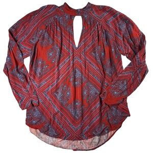 Free People Red Blue Paisley Print Keyhole Neck Long Sleeve Tunic Top M